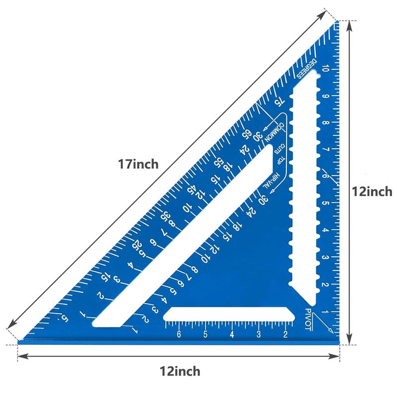 Beslands Aluminum 12-inch Rafter Square Carpenter Measuring Layout Tool Alloy Metal Triangle Ruler Imperial Protractor for Woodworking and Carpentry Blue - Image 2